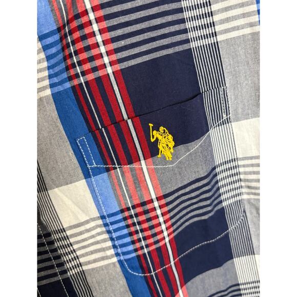 US POLO ASSN. Men's RED WHITE AND BLUE PLAID MADRAS WOVEN SHIRT Large - Picture 4 of 6